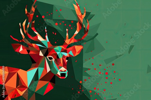 Abstract Christmas background with red and green geometric reindeer shapes photo