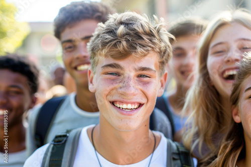 Group of teenagers with backpacks near building of school, college, university. Education, friendship, back to school concept © vejaa