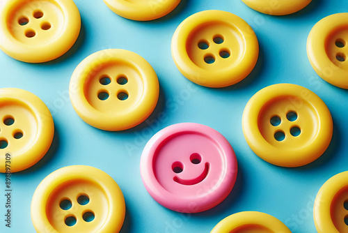 Yellow buttons with four holes each, arranged in a pattern on a blue background. One button stands out as it is pink and has a smiley face on it. Perfect for themes of uniqueness and individuality,