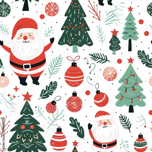 Seamless illustration with a Christmas theme - Santa Claus, Christmas trees, ornaments - Useful as tiles to create a background