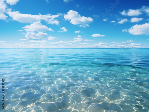 Blue sky with white clouds, sea with ripples of clear, crystal clear water. Magnificent scenario of tranquility and harmony