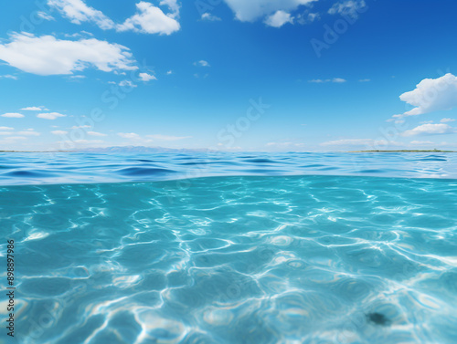 Blue sky with white clouds, sea with ripples of clear, crystal clear water. Magnificent scenario of tranquility and harmony