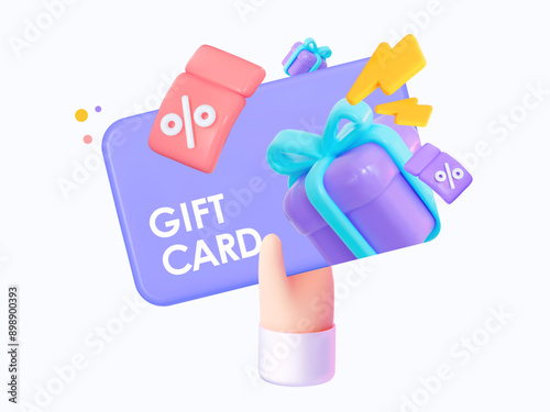 Gift certificate for a customer with gifts and flying coupons. 3D vector illustration.
