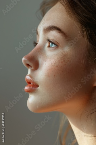 Photorealistic beautiful young girl with clear skin in profile on a Light background close-up Generative AI