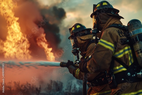 Photorealistic firefighters putting out a fire Generative AI