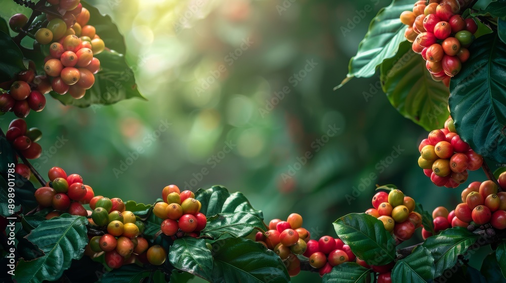 Fresh red and yellow coffee beans growing on branch with green leaves in plantation Fresh red and yellow coffee beans growing on branch with green leaves in plantation