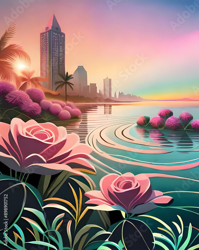 Rose Bush Bayfront Downtown View Sunset Rainbow Skyscraper Skyline Rippling Water 130 photo