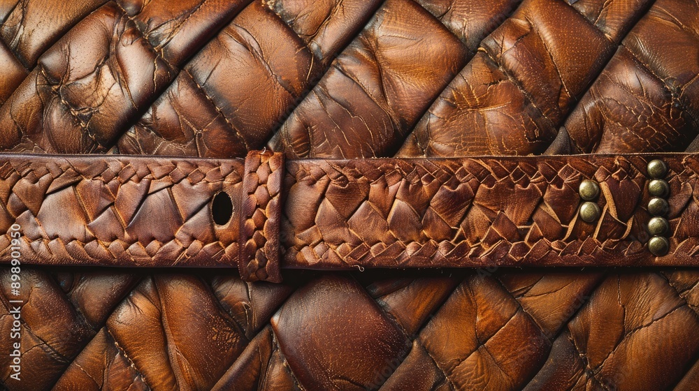 Obraz premium Brown leather background with braided belt and metal rivet cowhide texture copy space