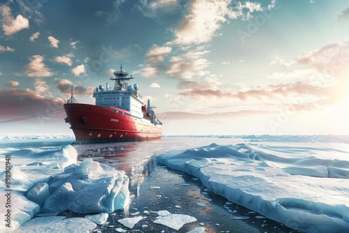 Photorealistic Icebreaker ship on the ice in the ocean Generative AI