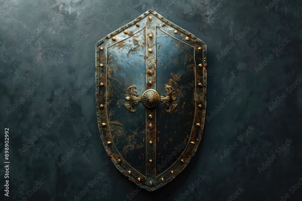 Fototapeta premium A large metal shield mounted on a stone or brick wall, possibly used for defensive purposes