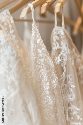 Photorealistic Closeup wedding dresses hanging on hanger Generative AI