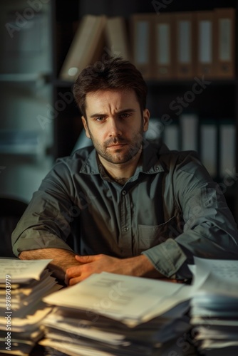 Photorealistic office worker with a bunch of documents around him Generative AI