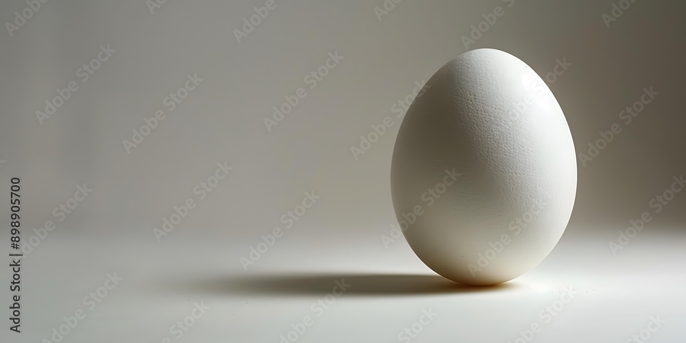 A white egg is placed on a white table against a pale grey background.
