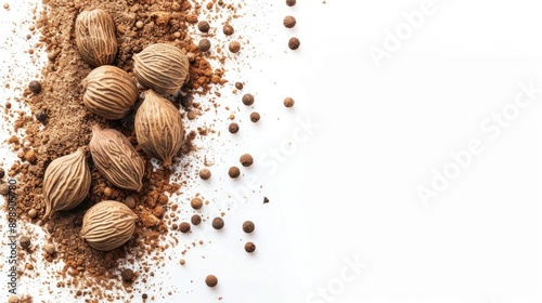 Fototapeta Naklejka Na Ścianę i Meble -  Nutmeg on white background with copy space top view for spice packaging concept