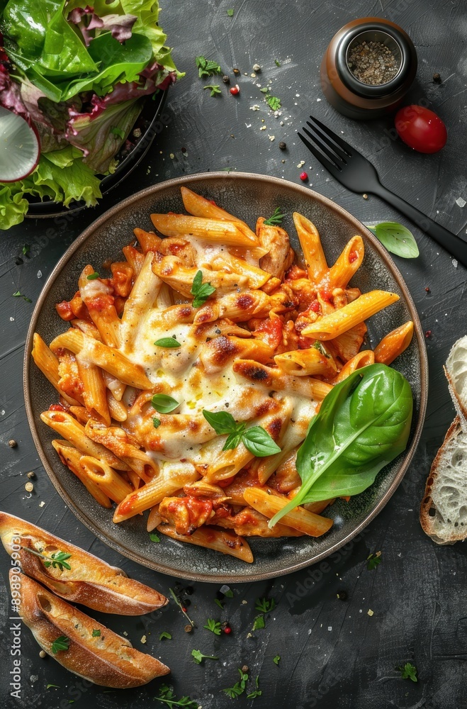 A plate of pasta with cheese and spinach on top A plate of pasta with cheese and spinach on top