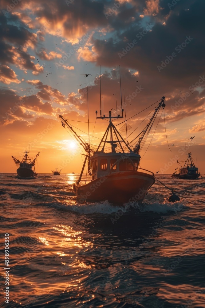 Photorealistic catching seafood in the ocean on boats Generative AI Photorealistic catching seafood in the ocean on boats Generative AI