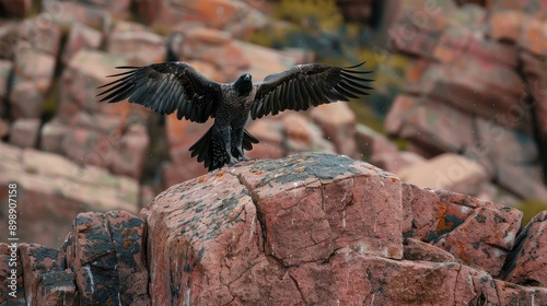 A bird extended its wings over the pink red granite photo