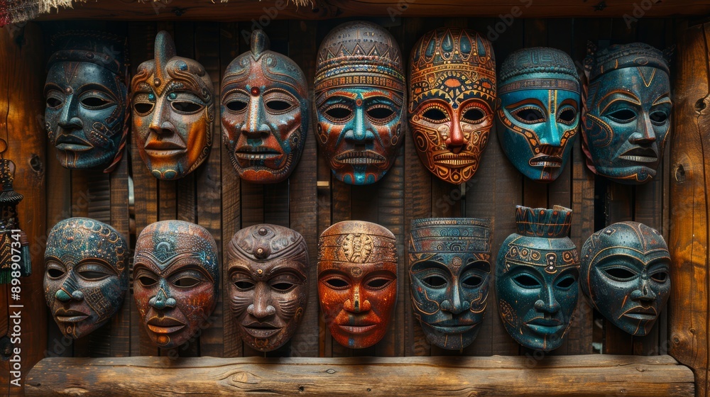 Twelve colorful traditional wooden masks are hanging on a wall made of wooden planks Twelve colorful traditional wooden masks are hanging on a wall made of wooden planks