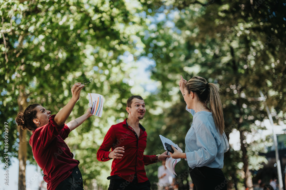 Business colleagues celebrating a successful achievement outdoors in a park under the clear blue sky, showcasing teamwork and excitement. Business colleagues celebrating a successful achievement outdoors in a park under the clear blue sky, showcasing teamwork and excitement.