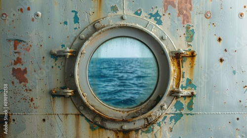 Porthole in the white wall of the ancient vessel