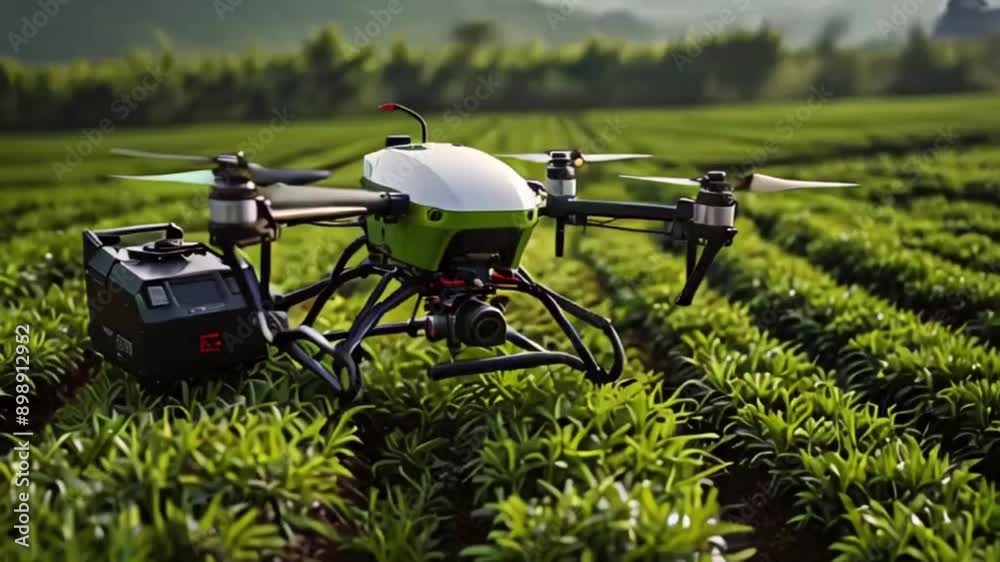 Agriculture drone scanning area to sprayed fertilizer on green tea fields, Technology smart farm Agriculture drone scanning area to sprayed fertilizer on green tea fields, Technology smart farm