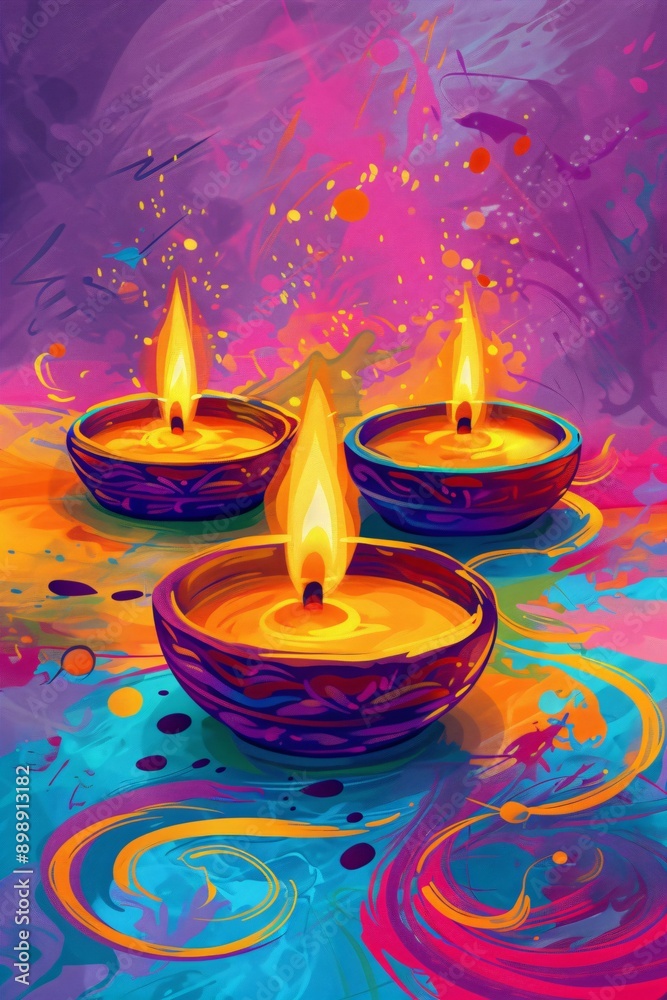Lit diya traditional oil lamp on colorful abstract rangoli background. Deepavali, Diwali. Hindu festival of lights. Template with copy space for greeting card, banner, poster for Indian holidays Lit diya traditional oil lamp on colorful abstract rangoli background. Deepavali, Diwali. Hindu festival of lights. Template with copy space for greeting card, banner, poster for Indian holidays