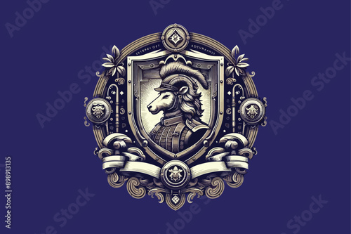 Golden heraldic coat of arms with Horse emblem and vintage ornate frame design
