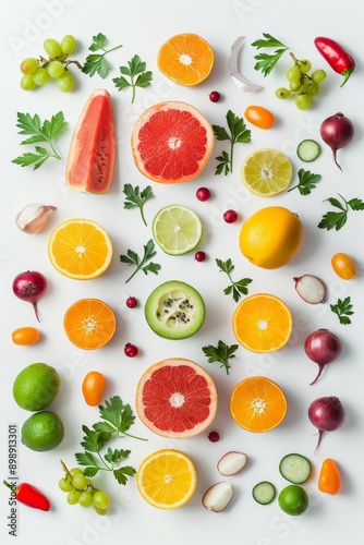 Delicious Natural Bio vegetables and fruits on a white background Generative AI