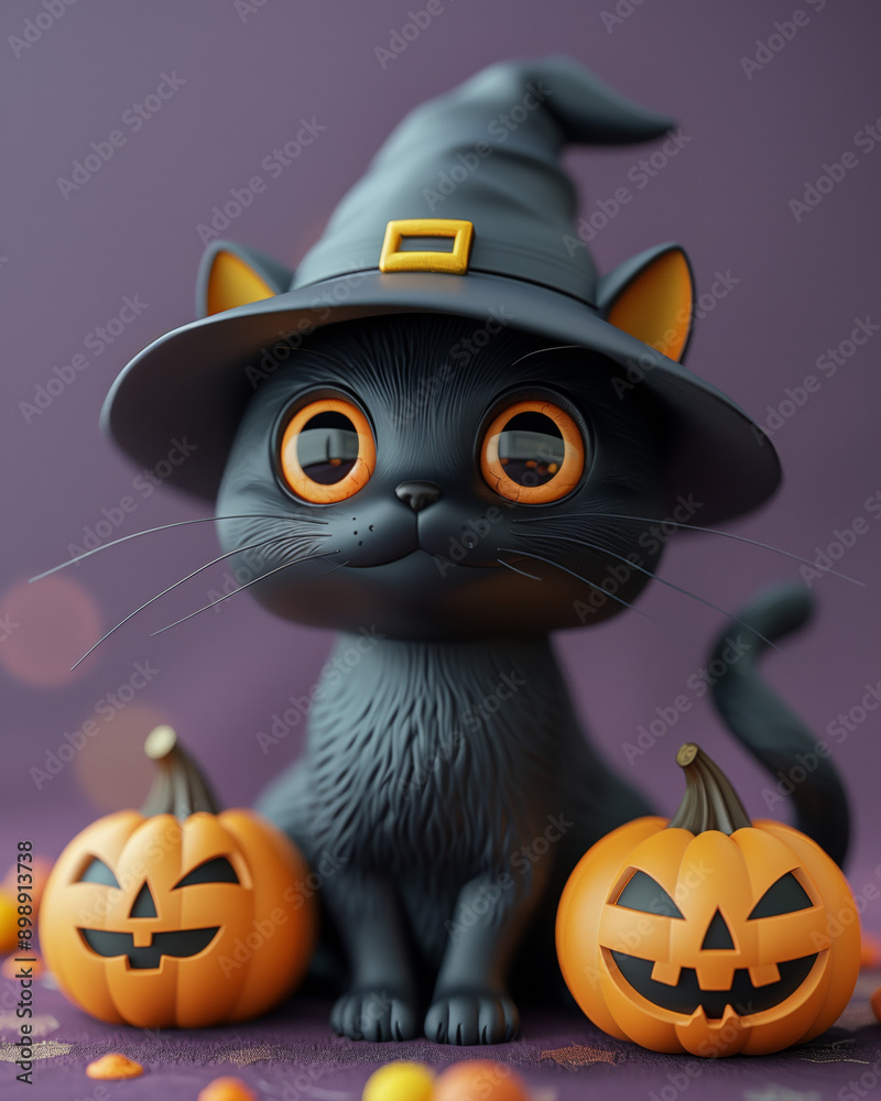 3d render of cute cartoon halloween black cat with jack-o'-lanterns and witch hat isolated on purple background banner mockup, copy space. 3d render of cute cartoon halloween black cat with jack-o'-lanterns and witch hat isolated on purple background banner mockup, copy space.