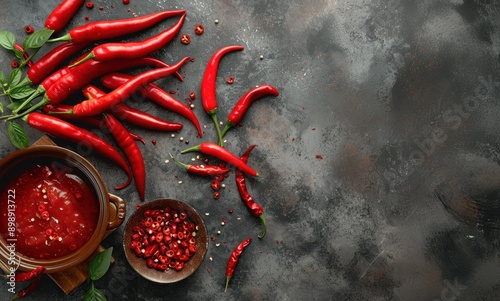 Bowl of smooth red chili sauce with fresh chili peppers and various spices scattered around on a dark, textured background. Ideal for culinary uses and adding a fiery kick to dishes.