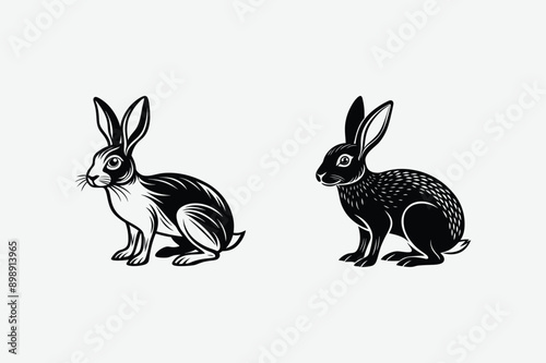 Vector illustration of a cute rabbit and bunny with pink ears and easter eggs, isolated on a white background, perfect for spring and holiday themes