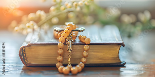 Padre católico segurando uma Bíblia e um rosário