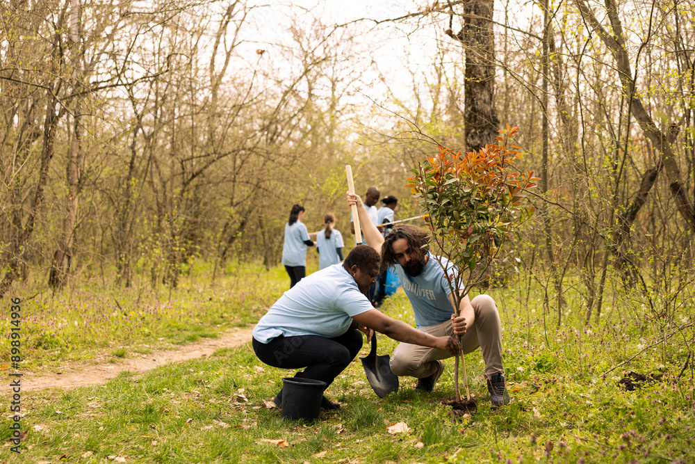 Man and woman activists covering hole by planting small tree in the woods, contributing to the reforestation and conservation project. People doing voluntary work to save the planet. Man and woman activists covering hole by planting small tree in the woods, contributing to the reforestation and conservation project. People doing voluntary work to save the planet.
