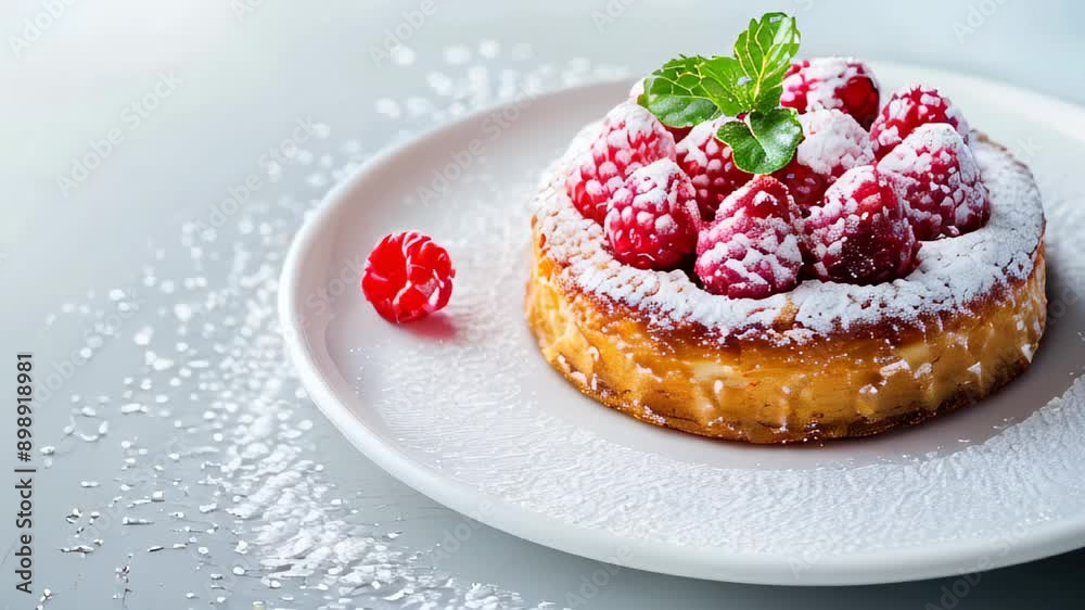 Small cake with raspberries and powdered sugar Small cake with raspberries and powdered sugar