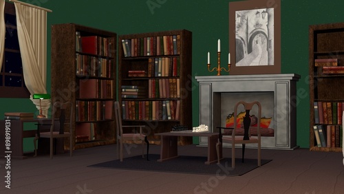 evening cozy living room with chess set  and fireplace