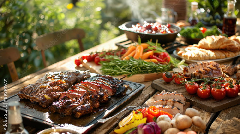 Obraz premium A table full of food including meat, vegetables, and bread. Scene is inviting and celebratory