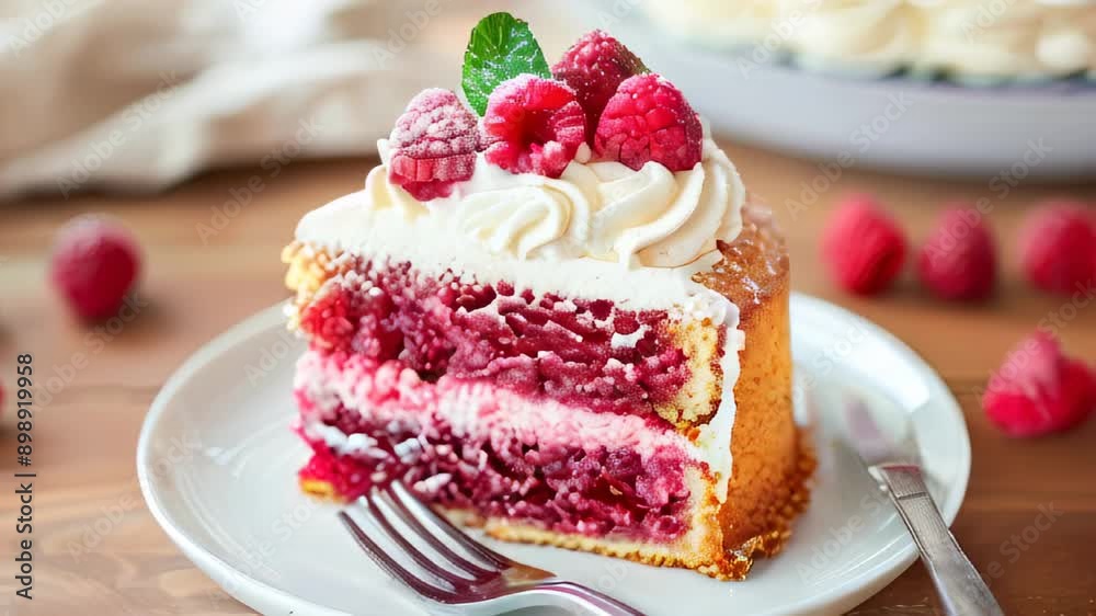 Slice of raspberry layer cake topped with whipped cream and fresh raspberries on plate Slice of raspberry layer cake topped with whipped cream and fresh raspberries on plate