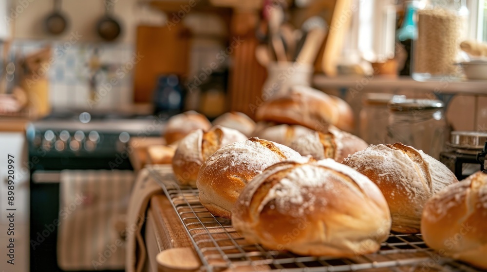 A row of freshly baked bread loaves sit on a cooling rack. The bread is golden brown and has a light dusting of powdered sugar. The scene is cozy and inviting A row of freshly baked bread loaves sit on a cooling rack. The bread is golden brown and has a light dusting of powdered sugar. The scene is cozy and inviting