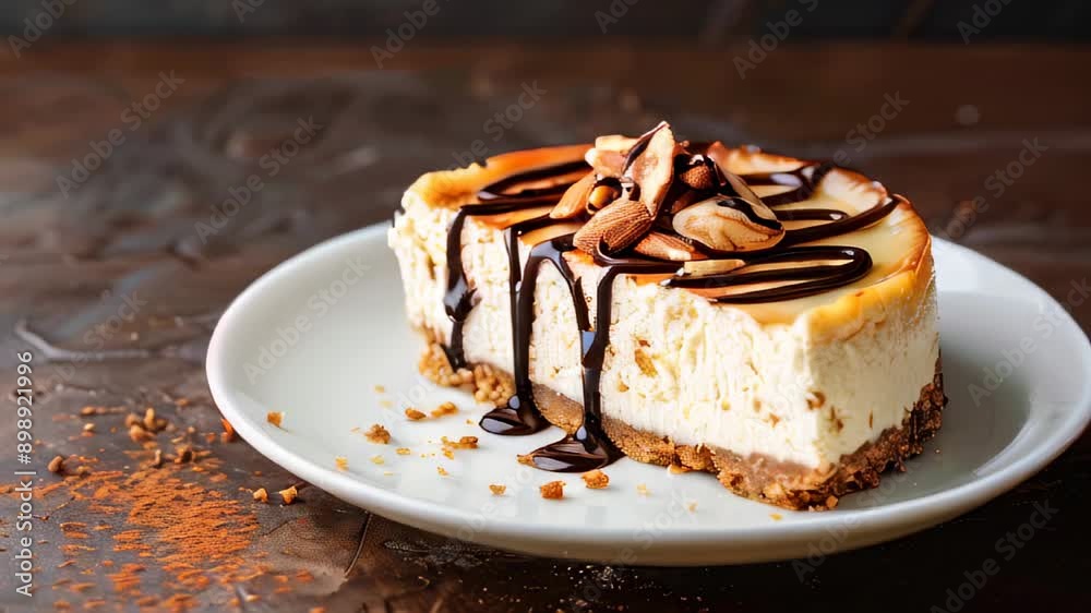 Creamy cheesecake slice topped with nuts and chocolate Creamy cheesecake slice topped with nuts and chocolate
