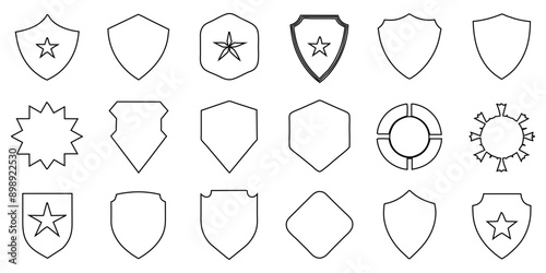 Beautiful assortment of shields with line silhouettes. Line badges form label collections in soccer, law enforcement, the military, and other domains. 
