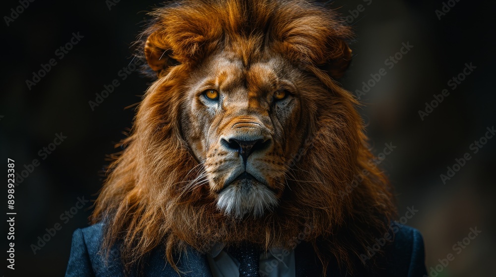 Powerful lion with formal business suit and tie, representing leadership, strength, and success in the corporate world Powerful lion with formal business suit and tie, representing leadership, strength, and success in the corporate world