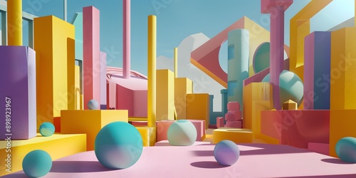 Abstract 3D Cityscape with Geometric Shapes and Colorful Spheres