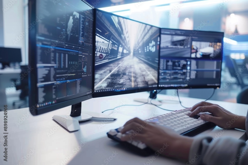 A person typing away on their laptop with dual monitors providing ample screen space A person typing away on their laptop with dual monitors providing ample screen space
