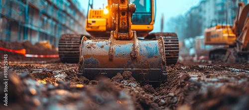 Close-up of a construction vehicle rolling over muddy terrain, highlighting urban development and machinery use in a cityscape. photo