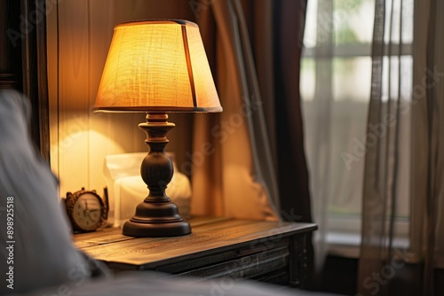 lamp on the bedroom's wooden bedside table Generative AI