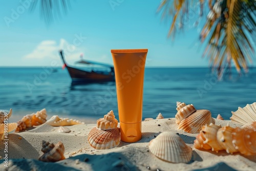 A mockup of an orange plastic tube sun cream placed on sand on the beach Generative AI