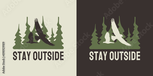 Vintage illustration of forest with eagle silhouettes for printable products.