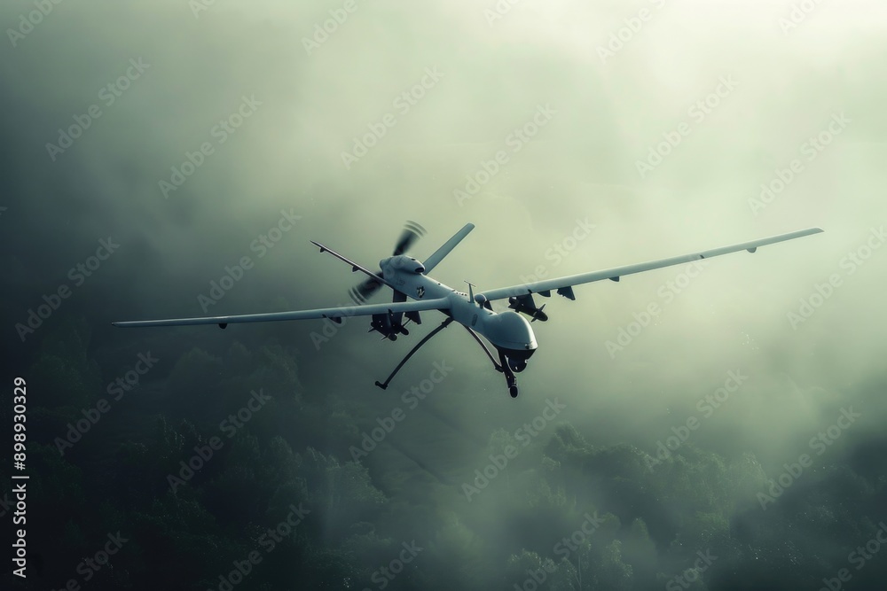 A military aircraft soaring above the clouds, with a clear blue horizon in sight A military aircraft soaring above the clouds, with a clear blue horizon in sight