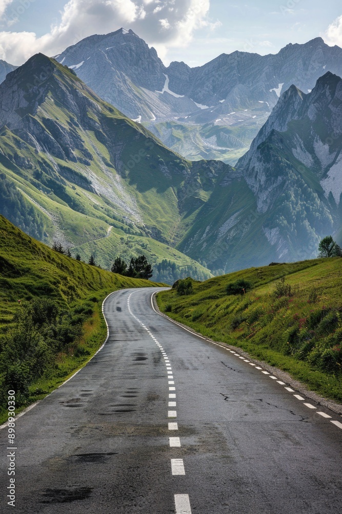 A serene mountain landscape with a winding road and distant peaks A serene mountain landscape with a winding road and distant peaks