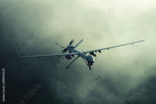 A military aircraft soaring above the clouds, with a clear blue horizon in sight